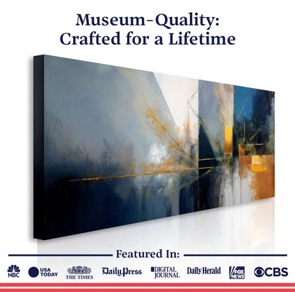 Abstract Geometric Lines Wall Art III canvas by Tailored Canvases in blue-gray with gold accents on Tampa Home & Garden Store