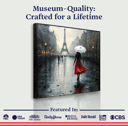 Paris Stroll Canvas Wall Art; rainy Paris street with Eiffel Tower and a red dress on Tampa Home & Garden Store