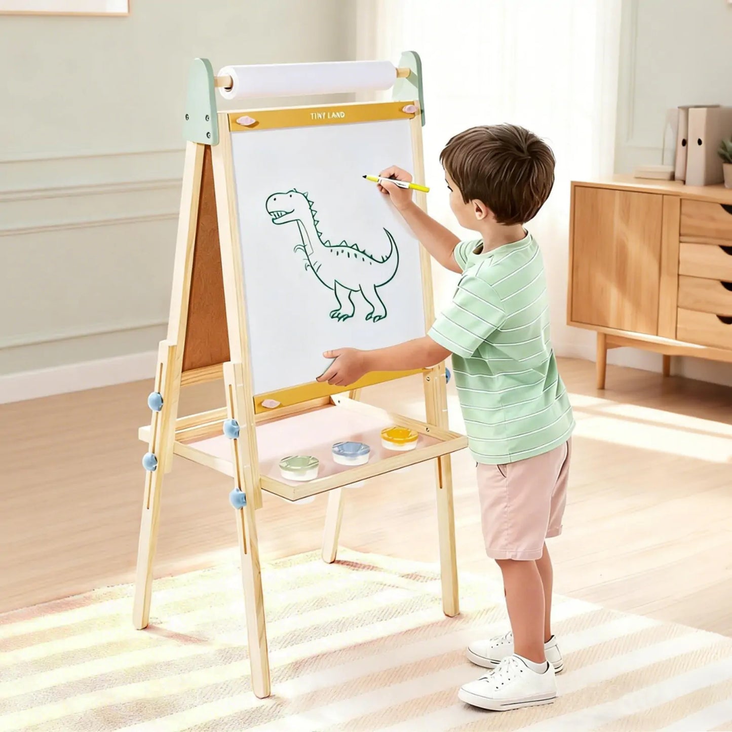 Tiny Land 3-in-1 Kids Easel with light wood frame, white drawing board, and pastel teal accents on Tampa Home & Garden Store