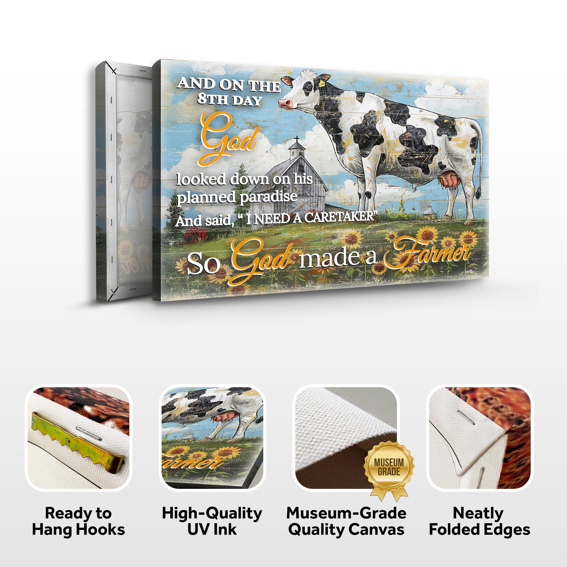 On The 8th Day God Made A Farmer Sign II canvas by Tailored Canvases with blue backdrop on Tampa Home & Garden Store