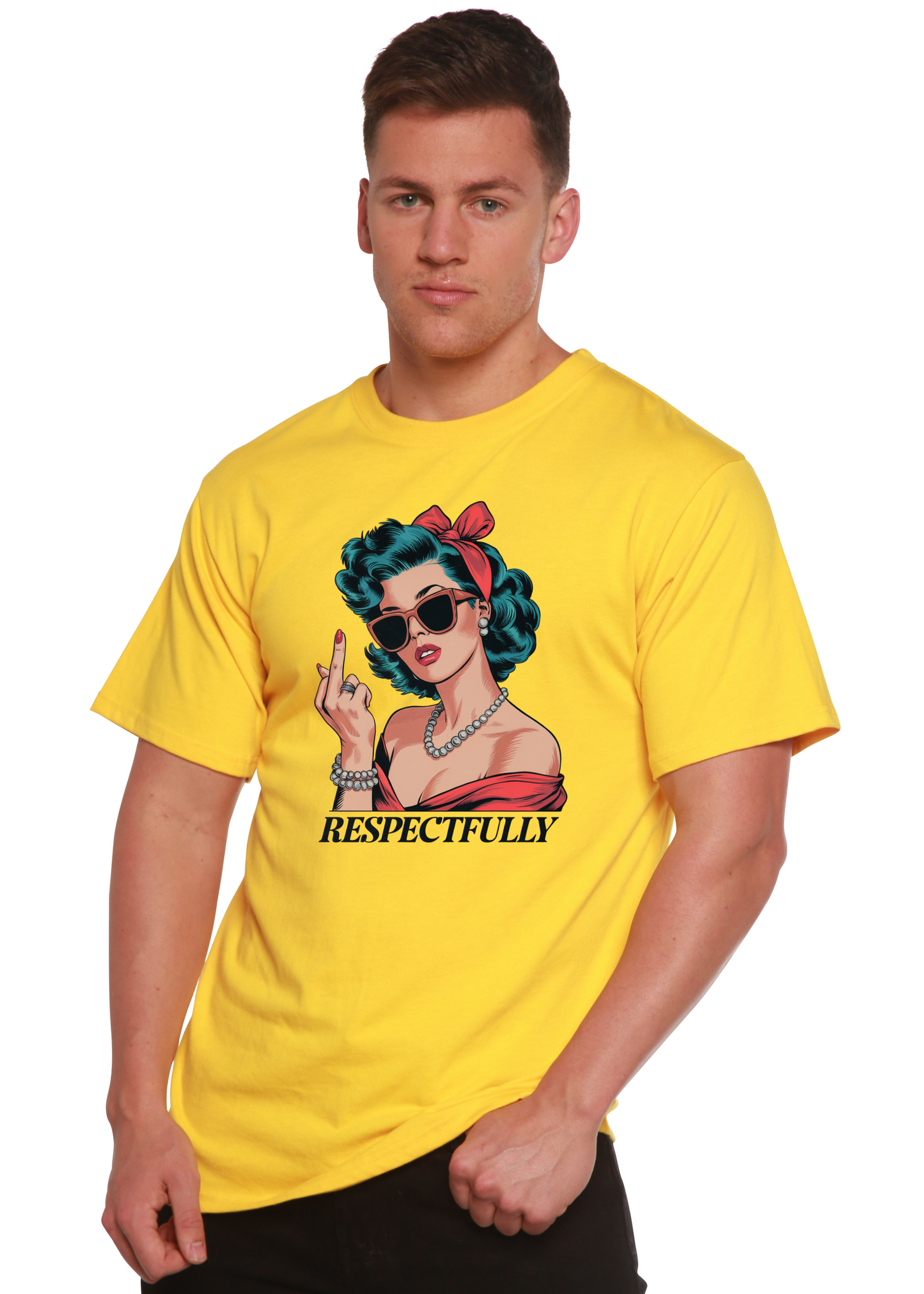 Respectfully Middle Finger unisex bamboo/cotton graphic T shirt yellow with retro woman print on Tampa Home & Garden Store