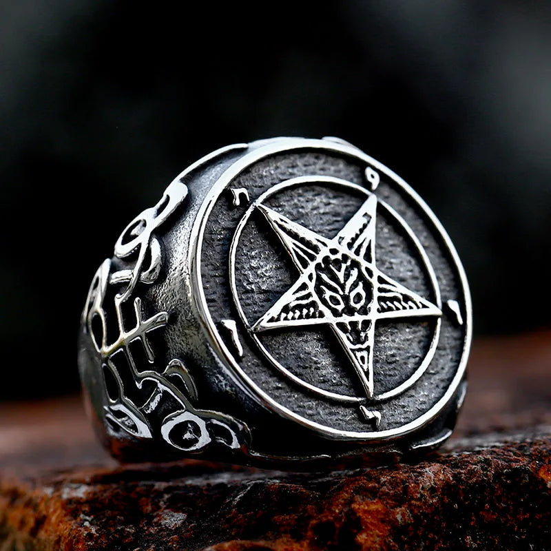 Hellstar ring metal biker ring with pentagram and textured band by BikerZoneZ on Tampa Home & Garden Store