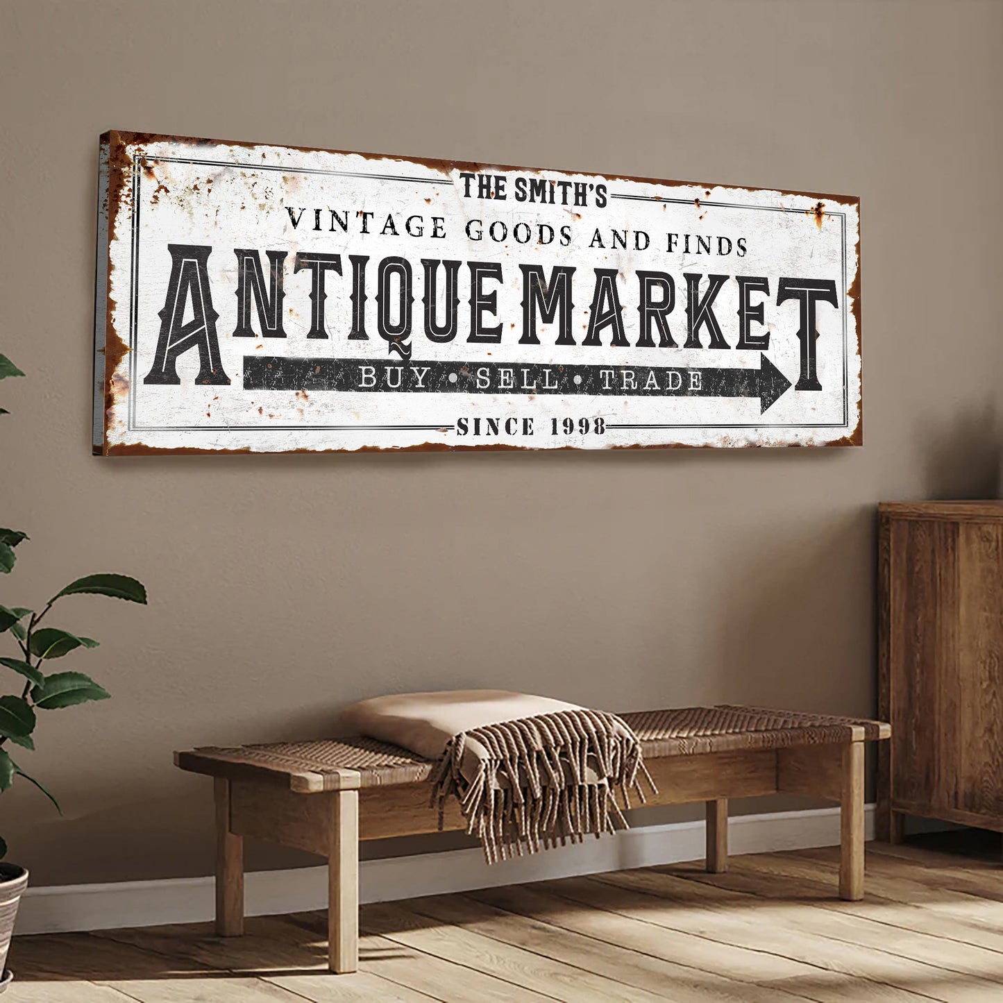 Vintage Antique Market Sign II canvas with distressed white surface and rusted edges on Tampa Home & Garden Store