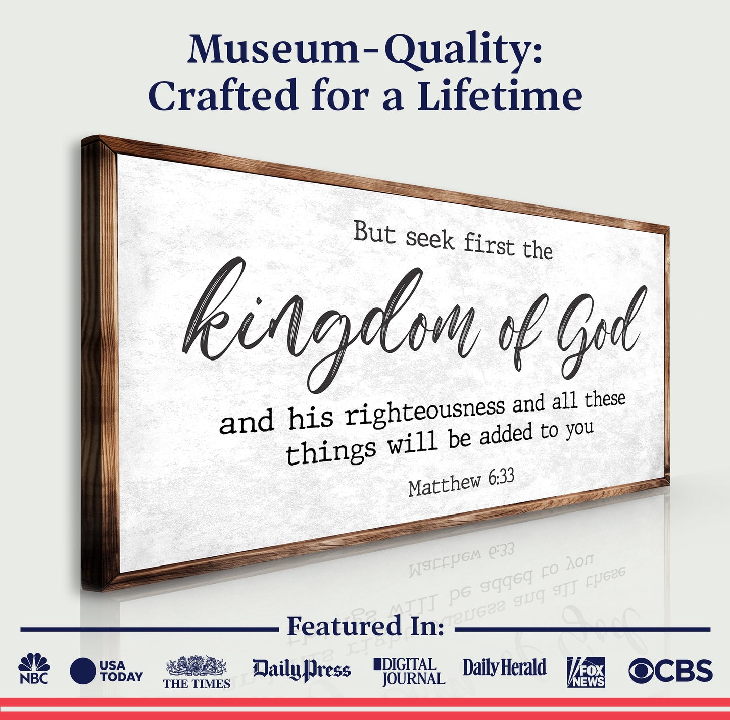 Canvas sign Matthew 6:33 with black type and cursive lettering, framed by Tailored Canvases on Tampa Home & Garden Store