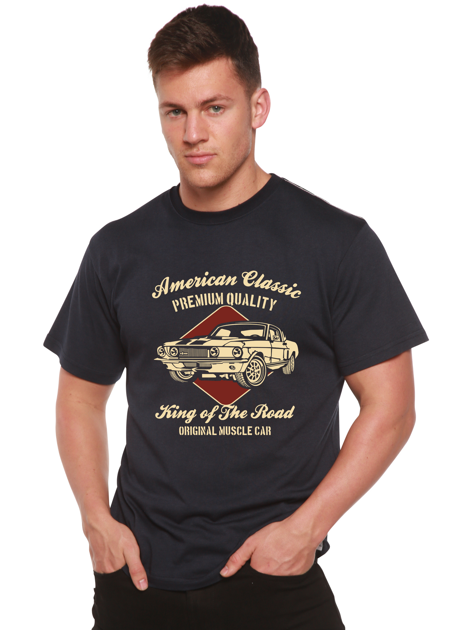 American Classic men's bamboo viscose/organic cotton graphic T-shirt navy with vintage car print on Tampa Home & Garden Store