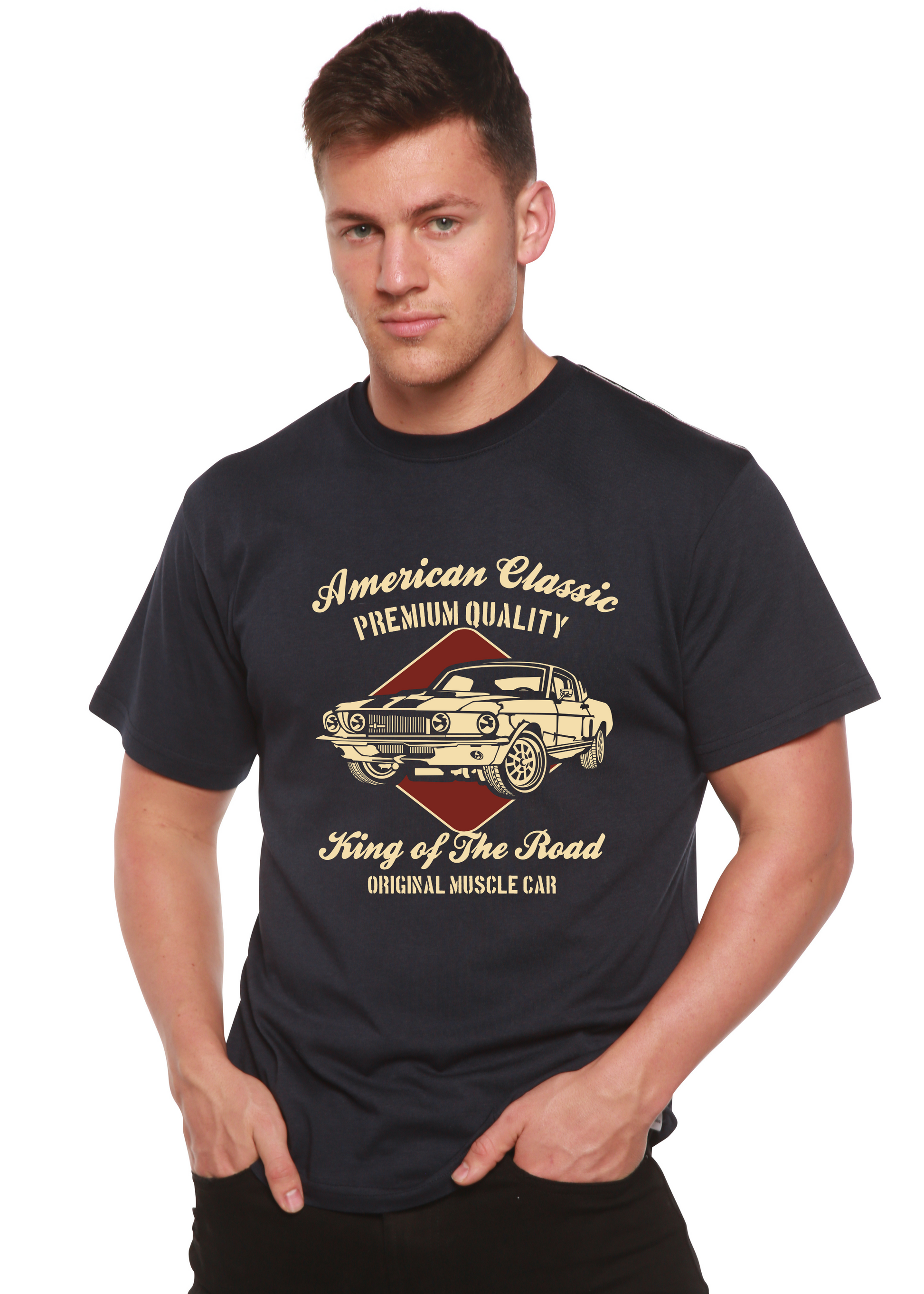 American Classic men's bamboo viscose/organic cotton graphic T-shirt navy with vintage car print on Tampa Home & Garden Store