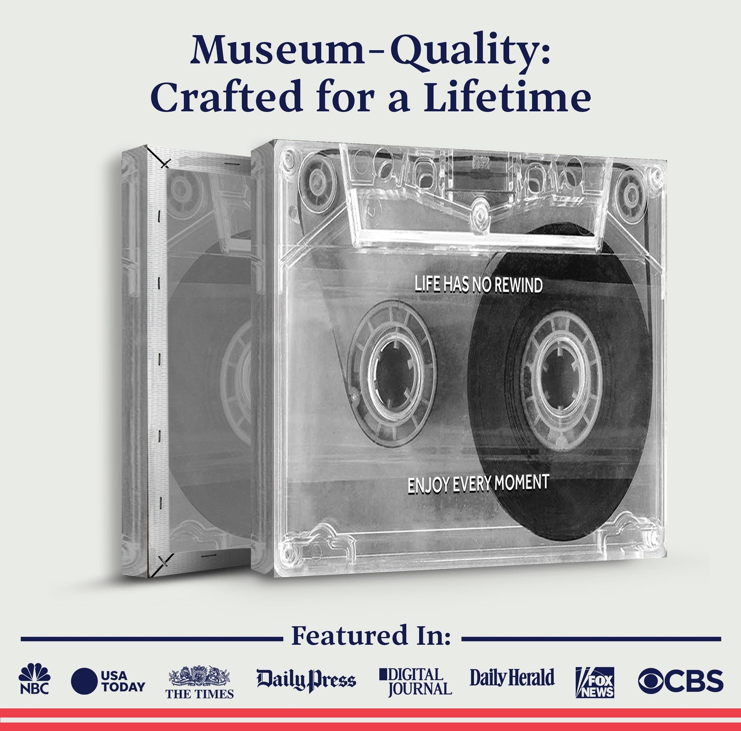 Enjoy Every Moment Motivational Wall Sign canvas pair with grayscale cassette tape design on Tampa Home & Garden Store