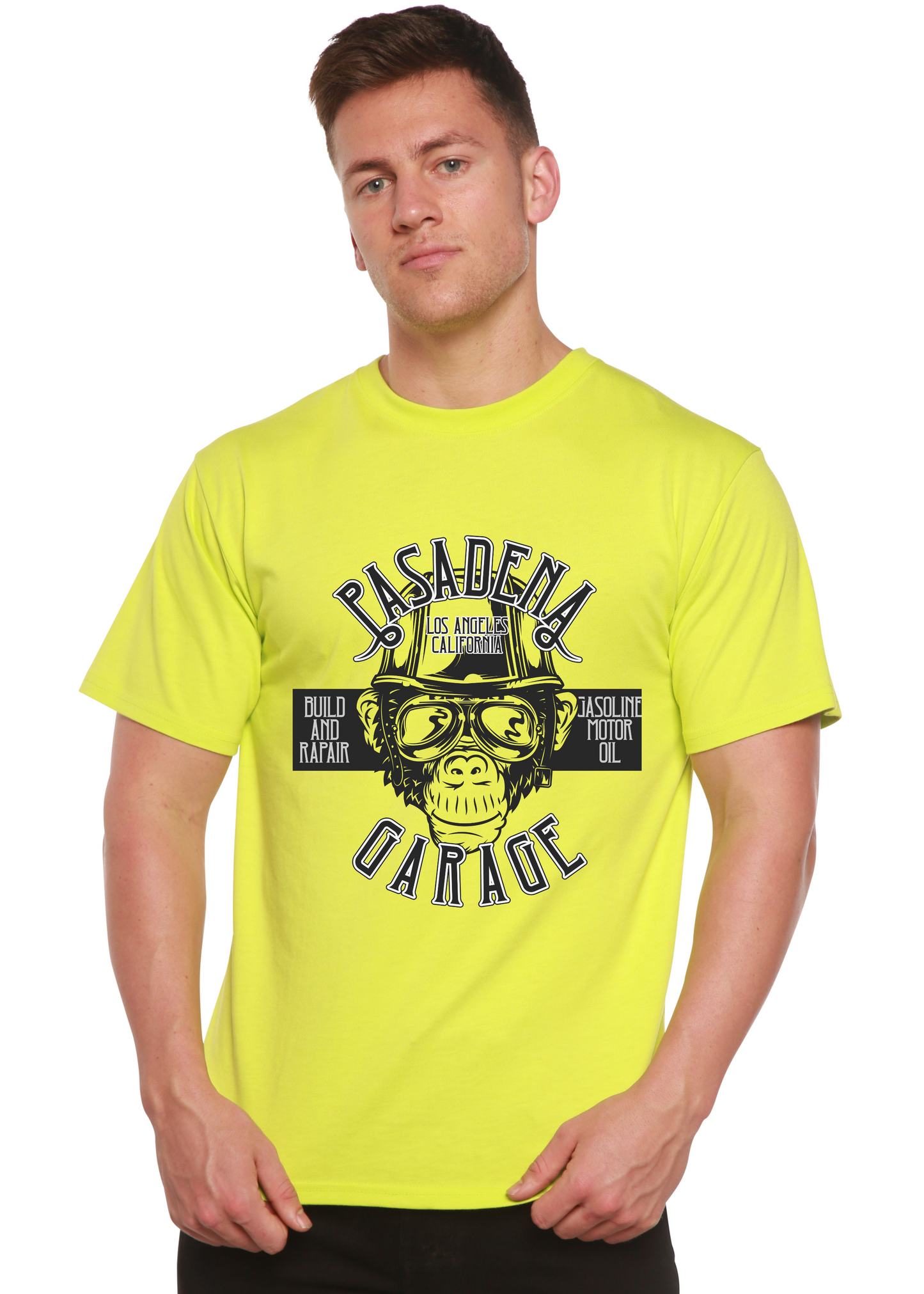 Mens neon yellow Pasadena Garage graphic T-shirt bamboo viscose cotton bold print on Tampa Home & Garden Store