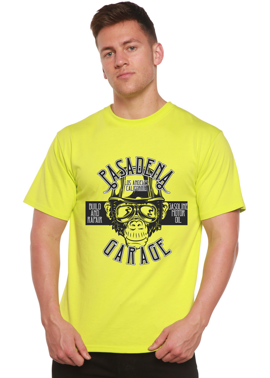 Mens neon yellow Pasadena Garage graphic T-shirt bamboo viscose cotton bold print on Tampa Home & Garden Store