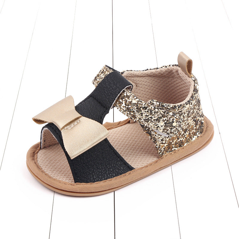 Stevvex baby girl sandals PU leather soft sole black strap beige bow glitter back on Tampa Home & Garden Store