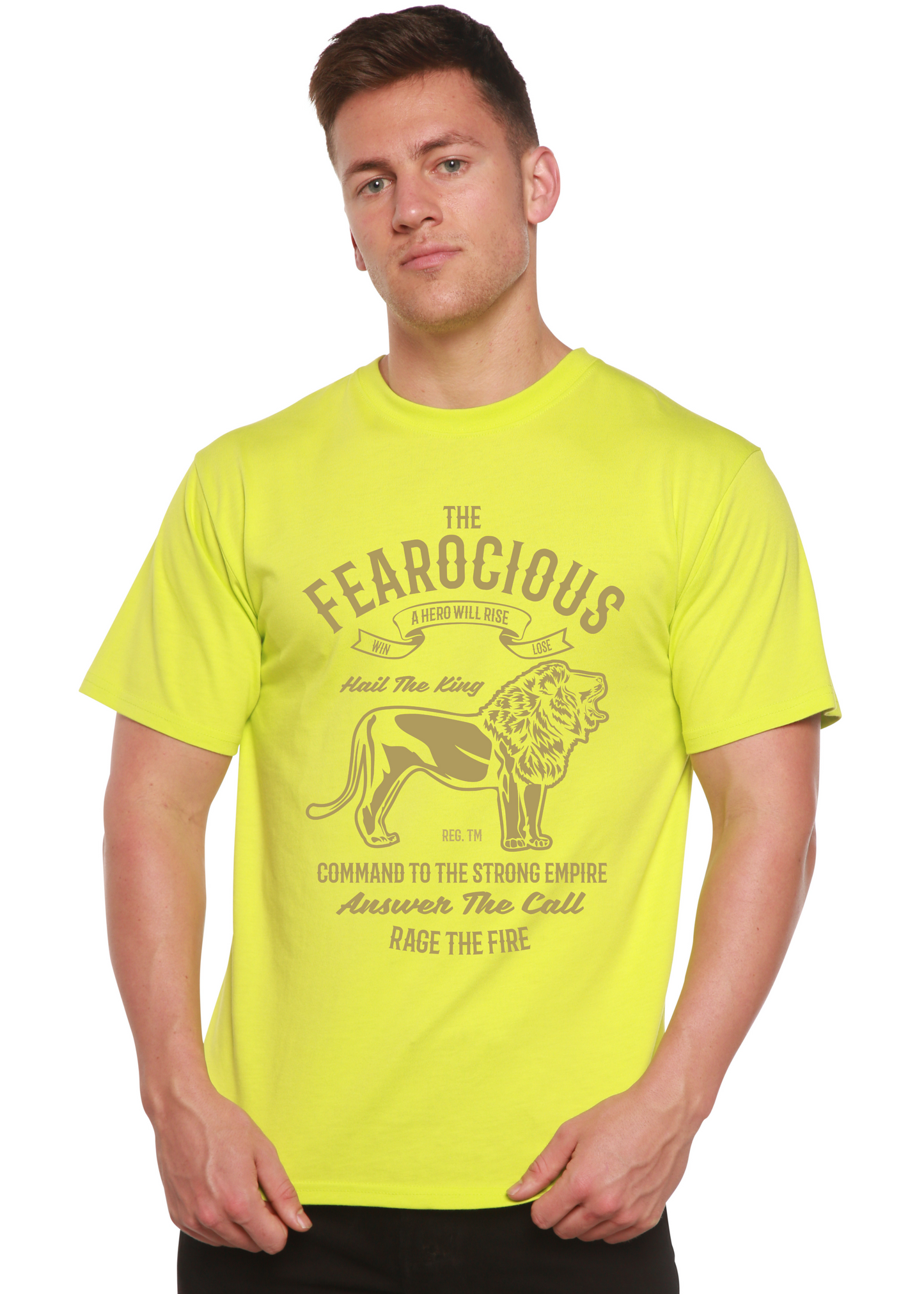 The Fearocious Spun Bamboo men's neon yellow short sleeve graphic T-shirt with lion print on Tampa Home & Garden Store