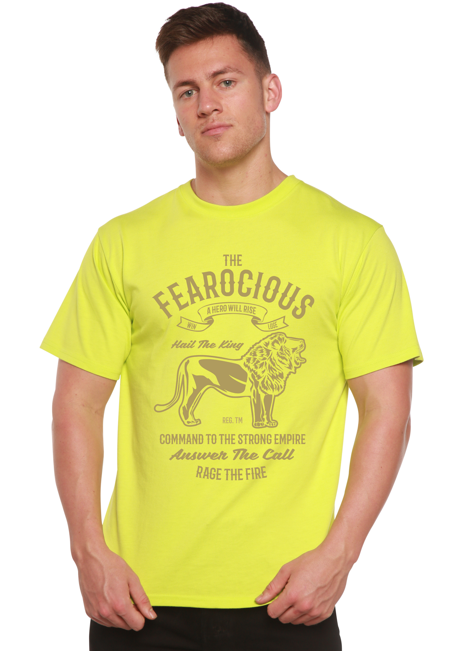 The Fearocious Spun Bamboo men's neon yellow short sleeve graphic T-shirt with lion print on Tampa Home & Garden Store
