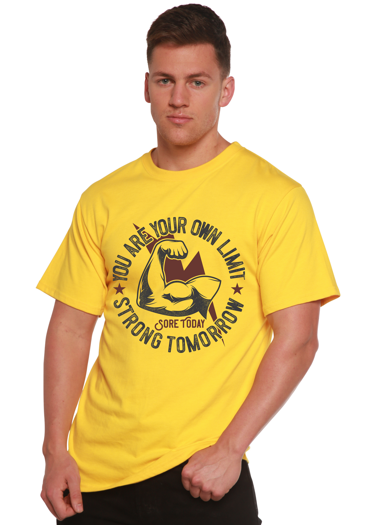 Men's yellow bamboo viscose/organic cotton graphic tee short-sleeve with bold circular print on Tampa Home & Garden Store