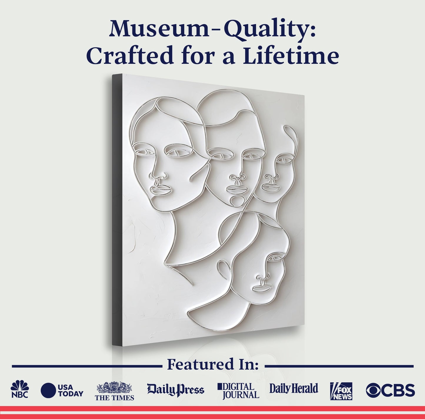 3D Minimalist Faces canvas by Tailored Canvases; white line-art faces in a sculpted relief on Tampa Home & Garden Store