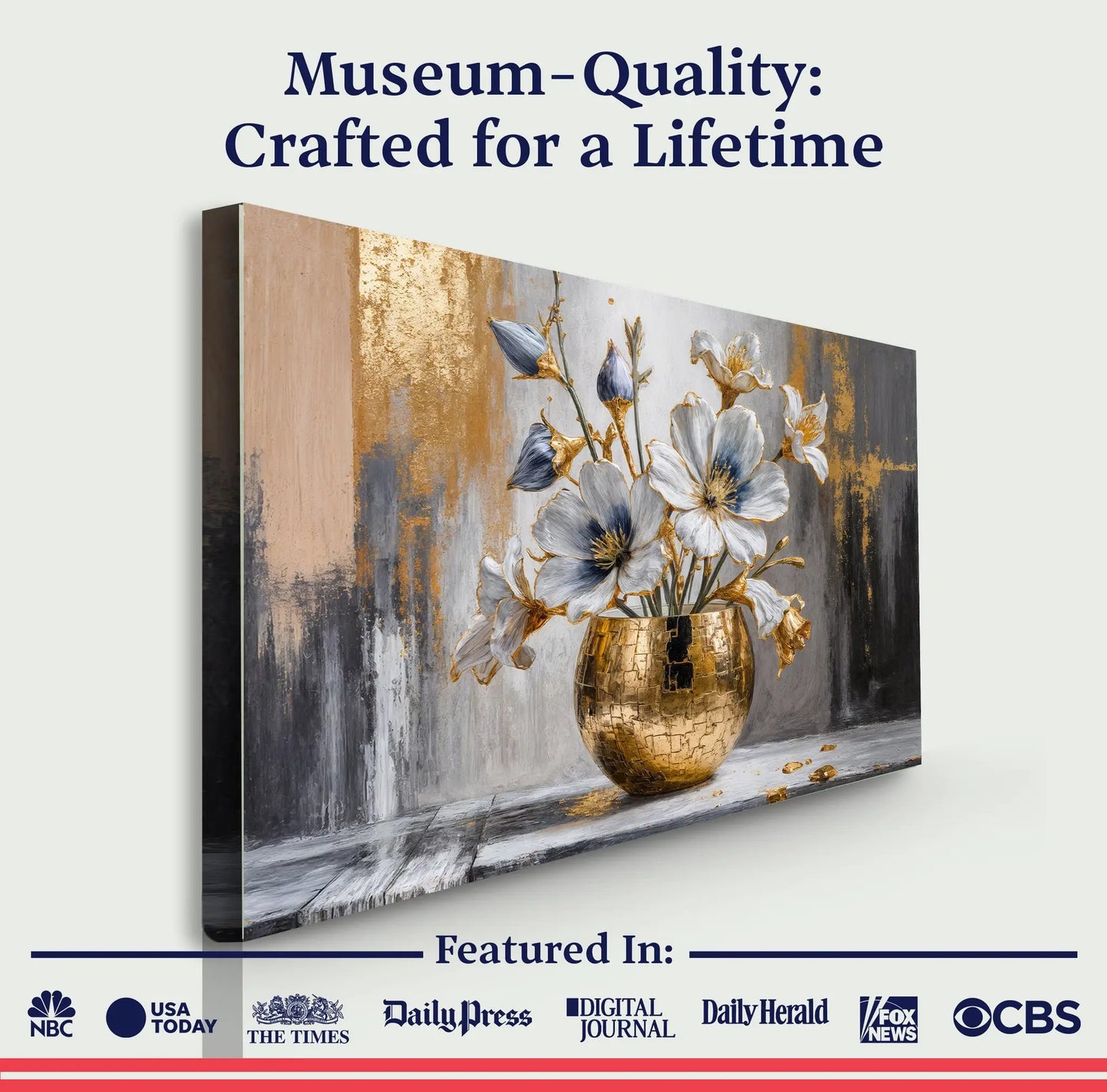 Magnolia Bloom in Gold Canvas with gold vase and white blooms against a metallic backdrop on Tampa Home & Garden Store