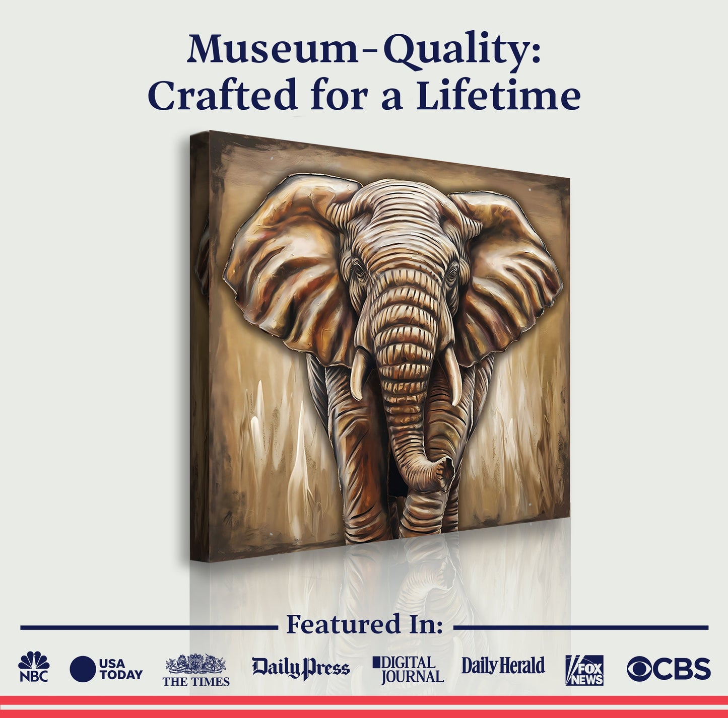 3D Elephant Wall Art canvas by Tailored Canvases; brown elephant portrait on rustic backdrop on Tampa Home & Garden Store