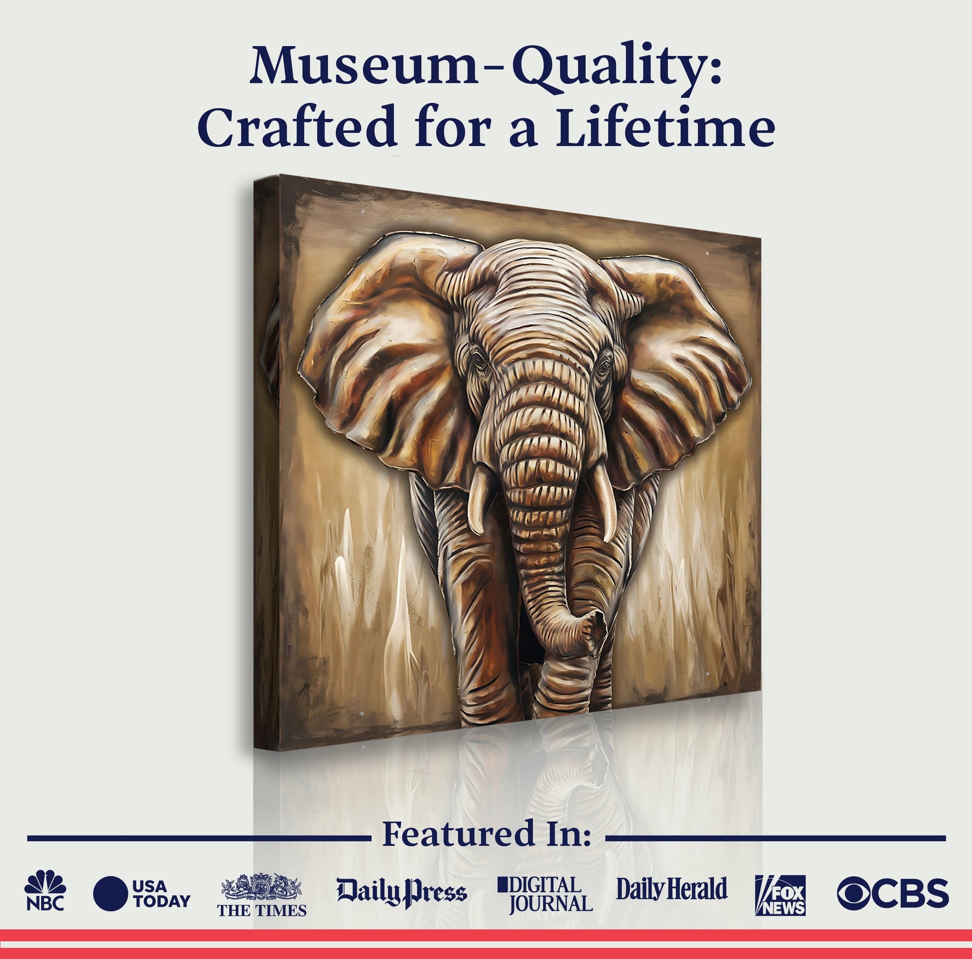 3D Elephant Wall Art canvas by Tailored Canvases; brown elephant portrait on rustic backdrop on Tampa Home & Garden Store