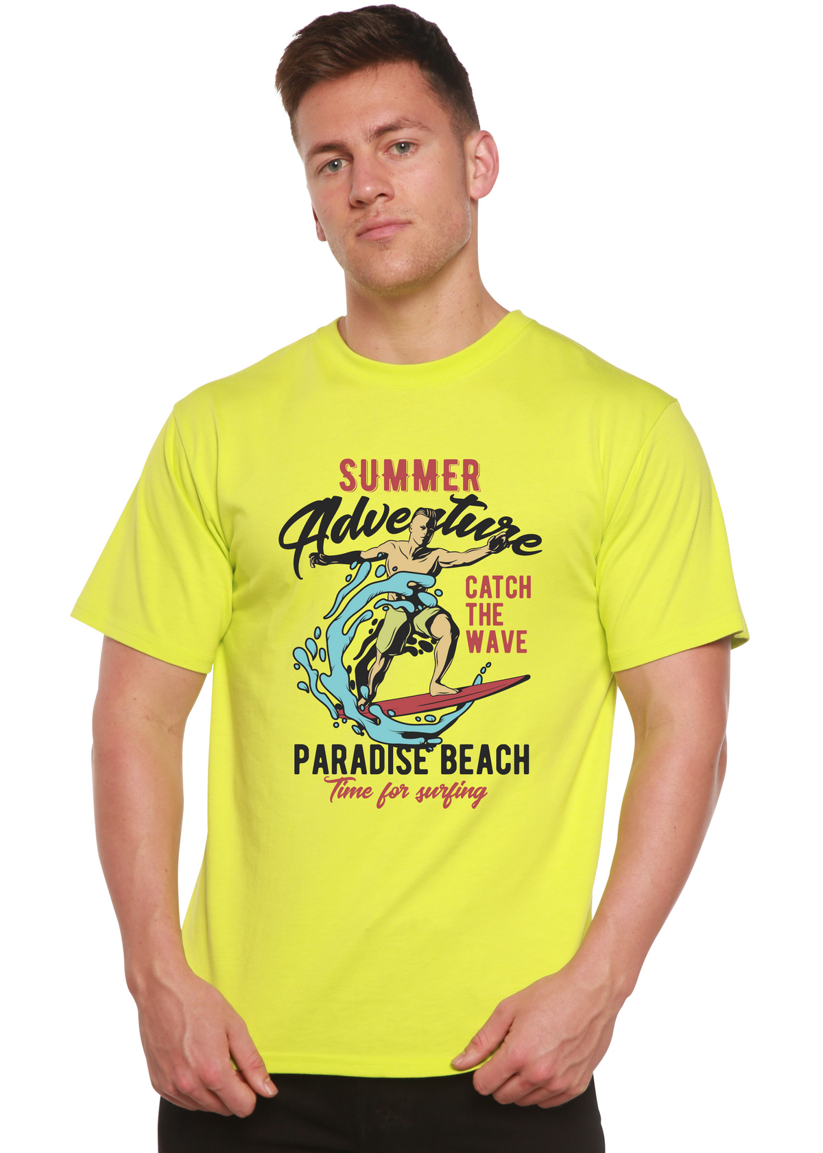 Catch The Wave men's bamboo viscose/organic cotton graphic tee neon lime with surfing art on Tampa Home & Garden Store