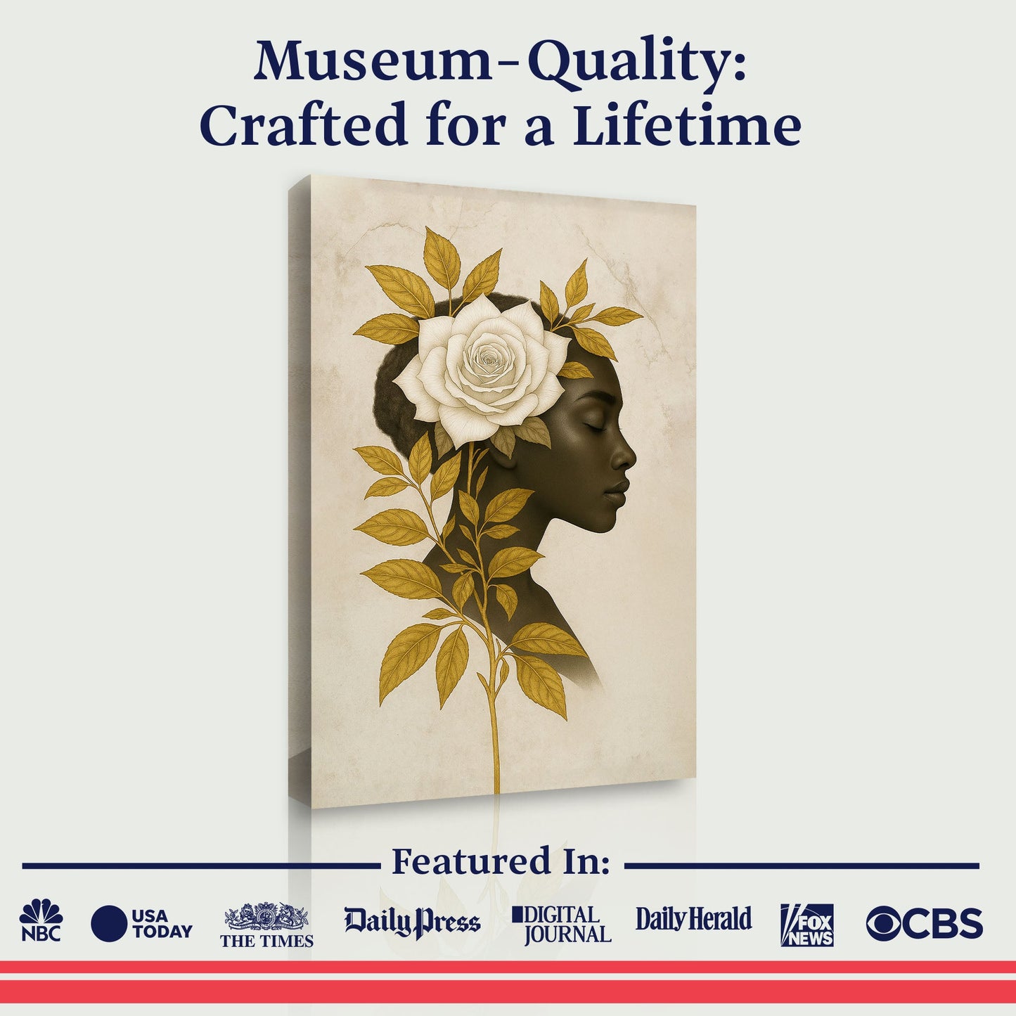 Floral Majesty Wall Art II canvas by Tailored Canvases: woman with white rose and gold leaves on beige background on Tampa Home & Garden Store