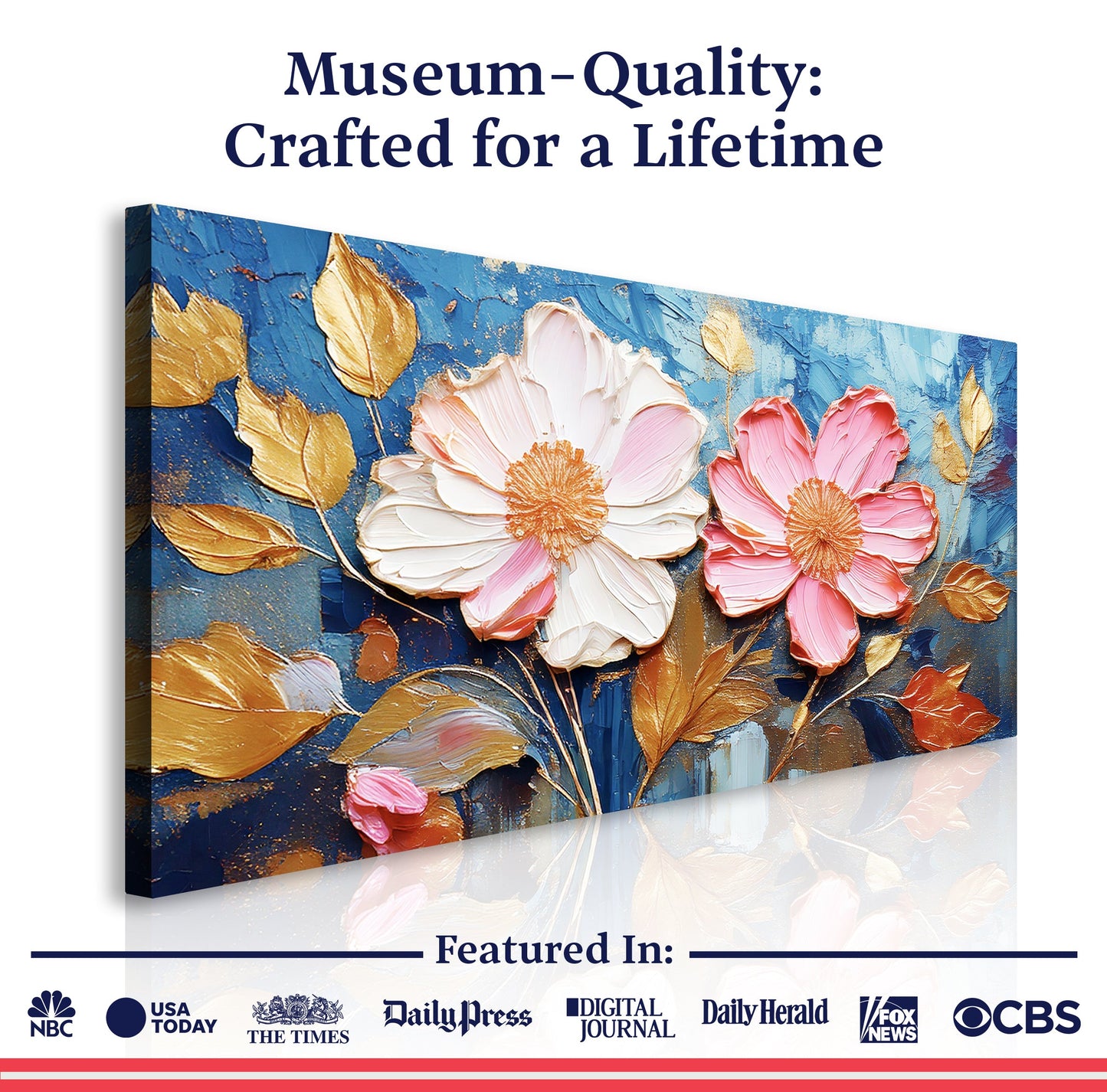 Golden Petals Impasto Wall Art by Tailored Canvases; backdrop with gold leaves and pink petals on Tampa Home & Garden Store