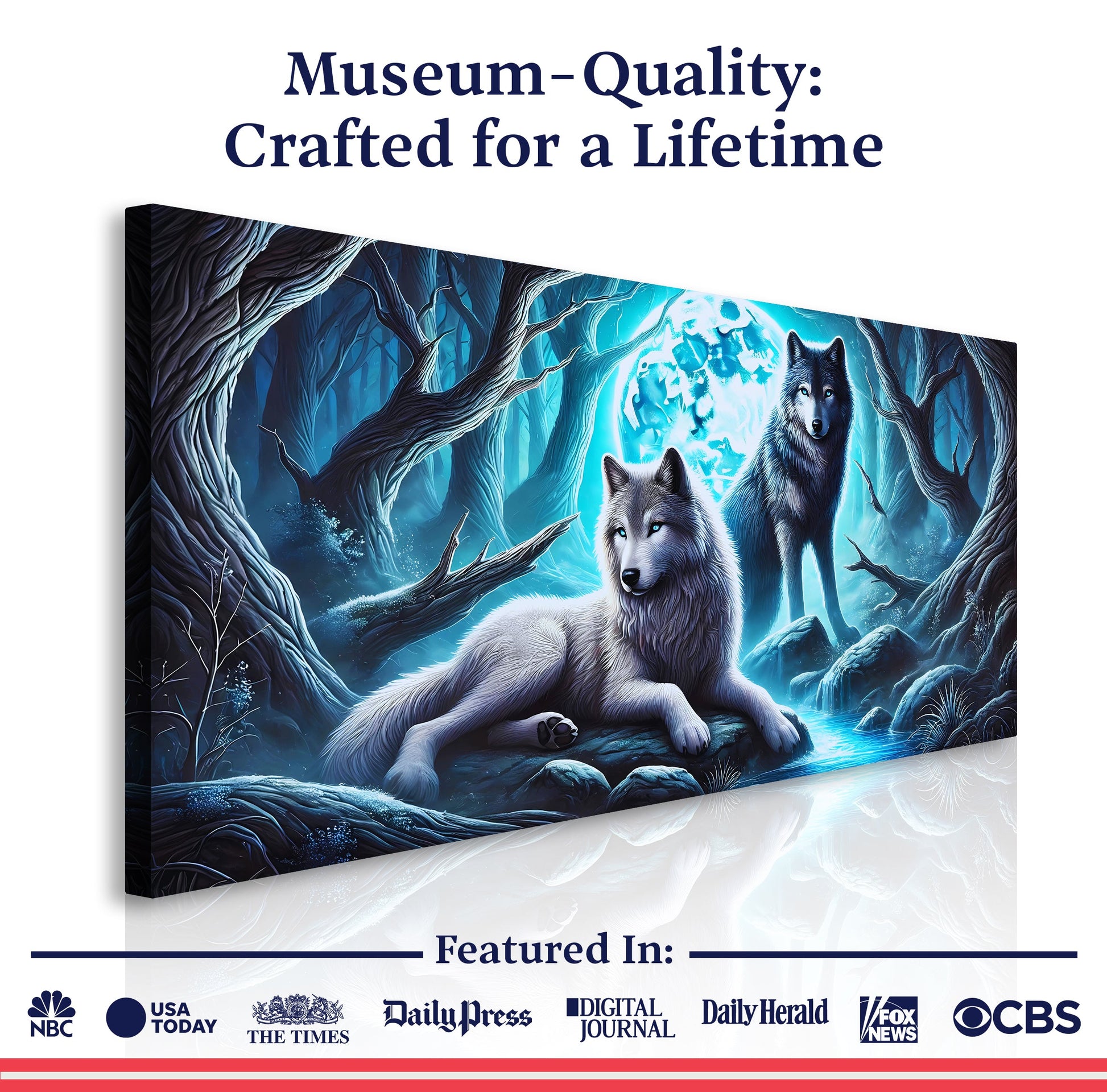 3D Wolves Wall Art Canvas by Tailored Canvases, blue-toned wolves in a forest scene on Tampa Home & Garden Store