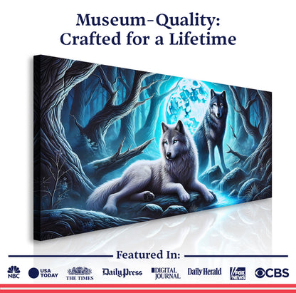 3D Wolves Wall Art Canvas by Tailored Canvases, blue-toned wolves in a forest scene on Tampa Home & Garden Store