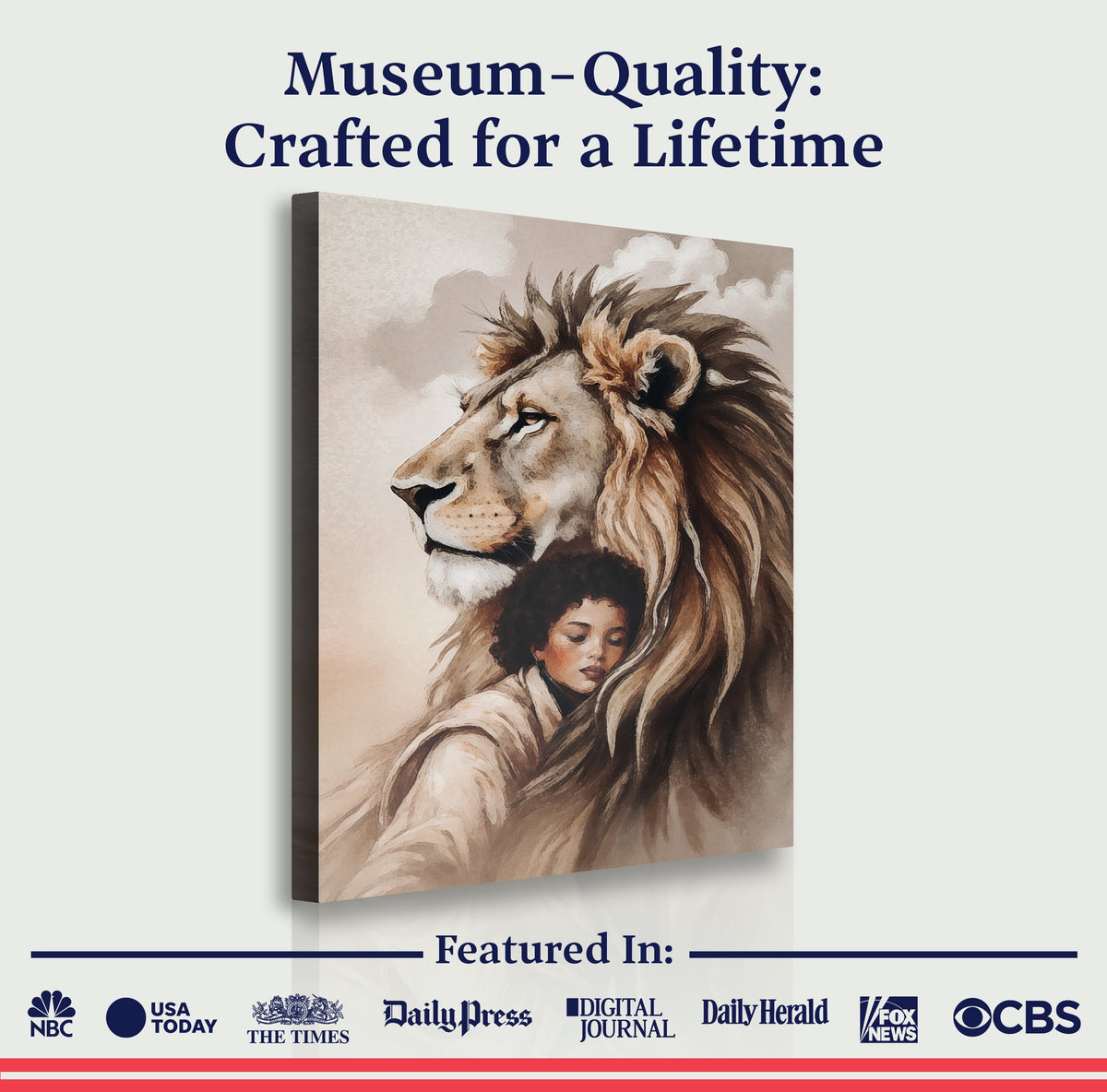Lion and Girl Faith Wall Art crafting canvas by Tailored Canvases, beige lion portrait with girl on Tampa Home & Garden Store
