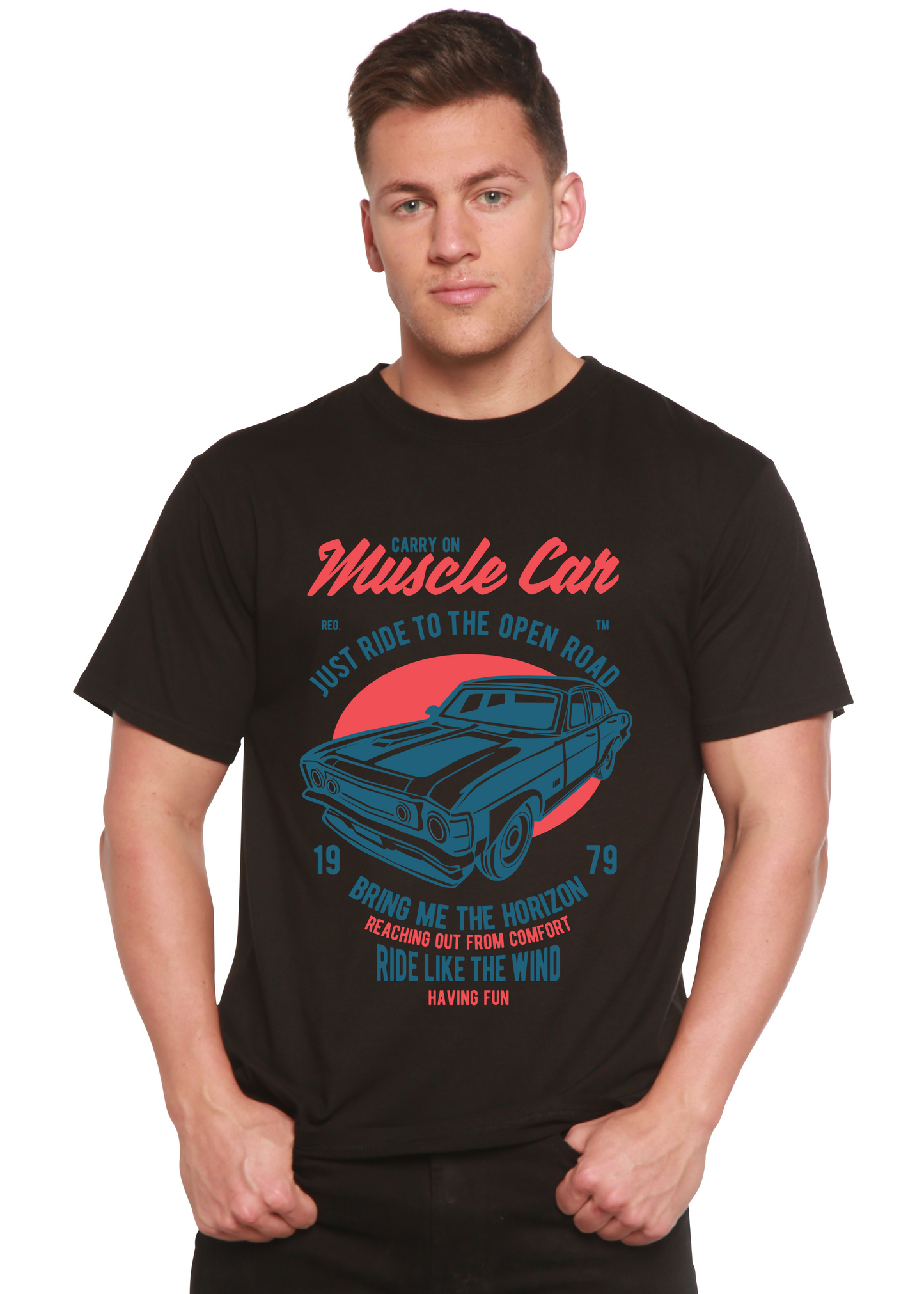 Muscle Car Spun Bamboo graphic T-shirt, black short sleeve, bamboo viscose/organic cotton on Tampa Home & Garden Store