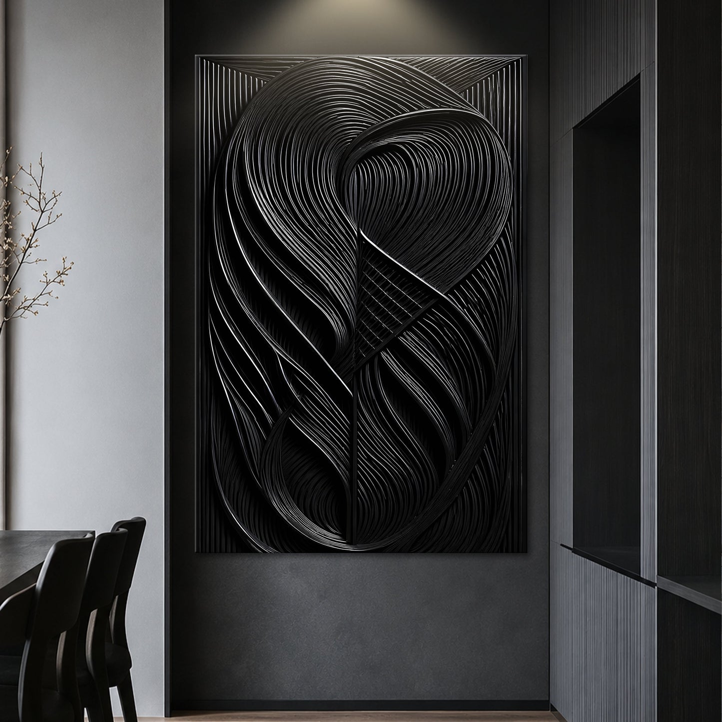 Modern Black Waves Wall Art canvas by Tailored Canvases; swirling black lines on Tampa Home & Garden Store
