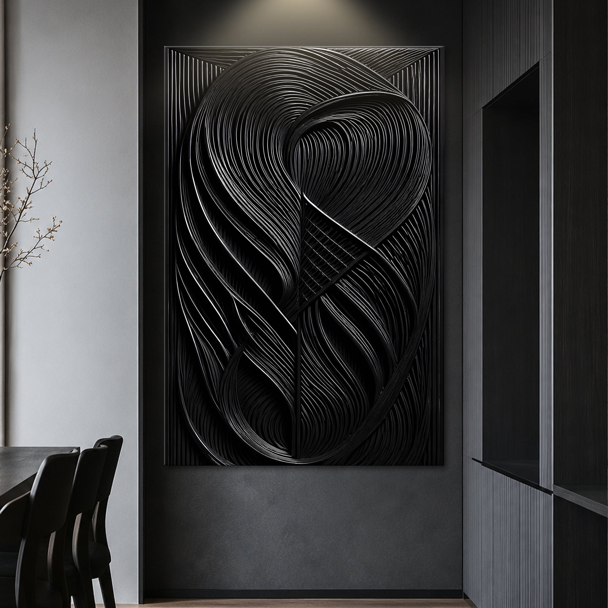 Modern Black Waves Wall Art canvas by Tailored Canvases; swirling black lines on Tampa Home & Garden Store