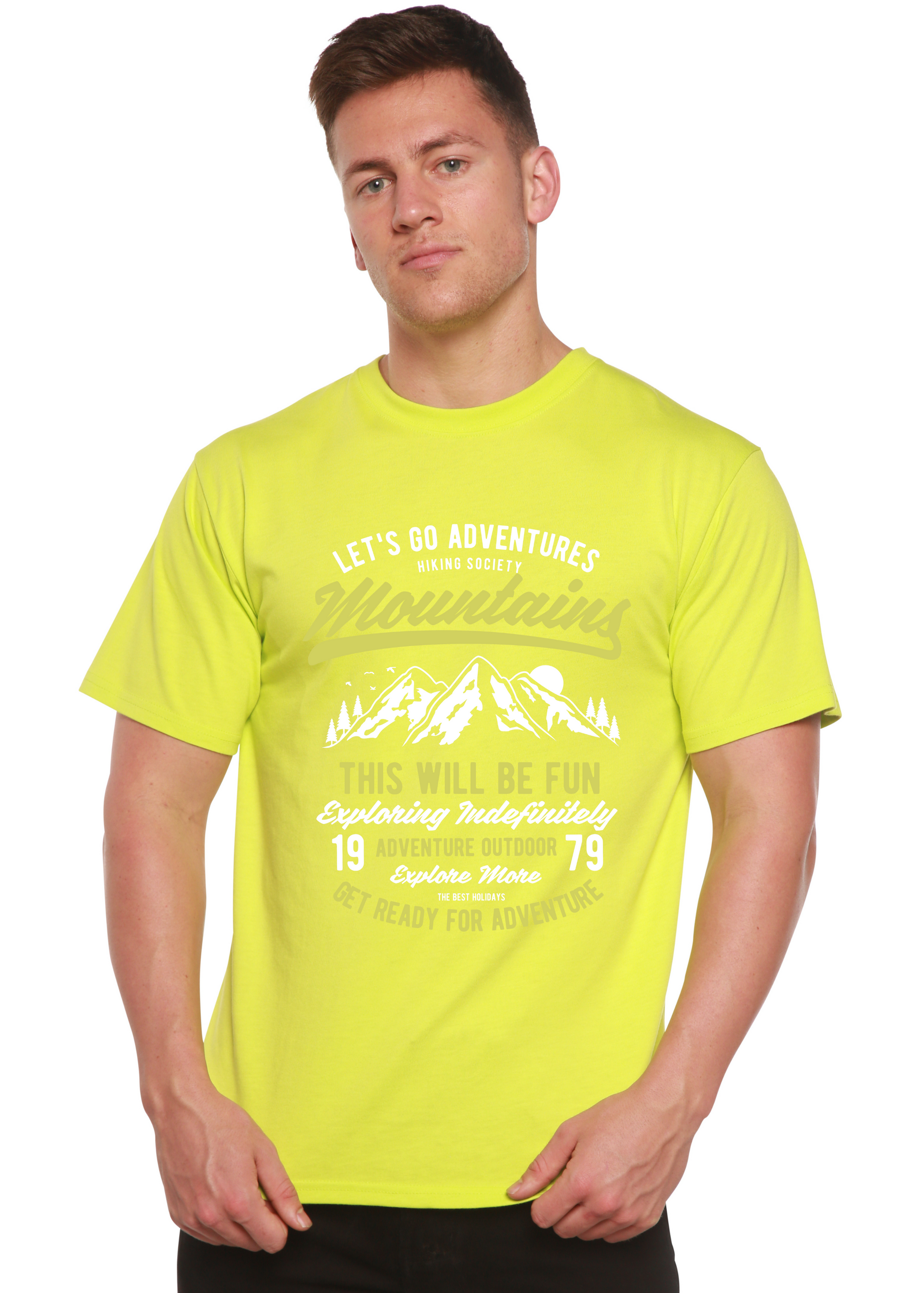 Let's Go Adventure men's neon lime bamboo viscose organic cotton short sleeve tee by Spun Bamboo on Tampa Home & Garden Store