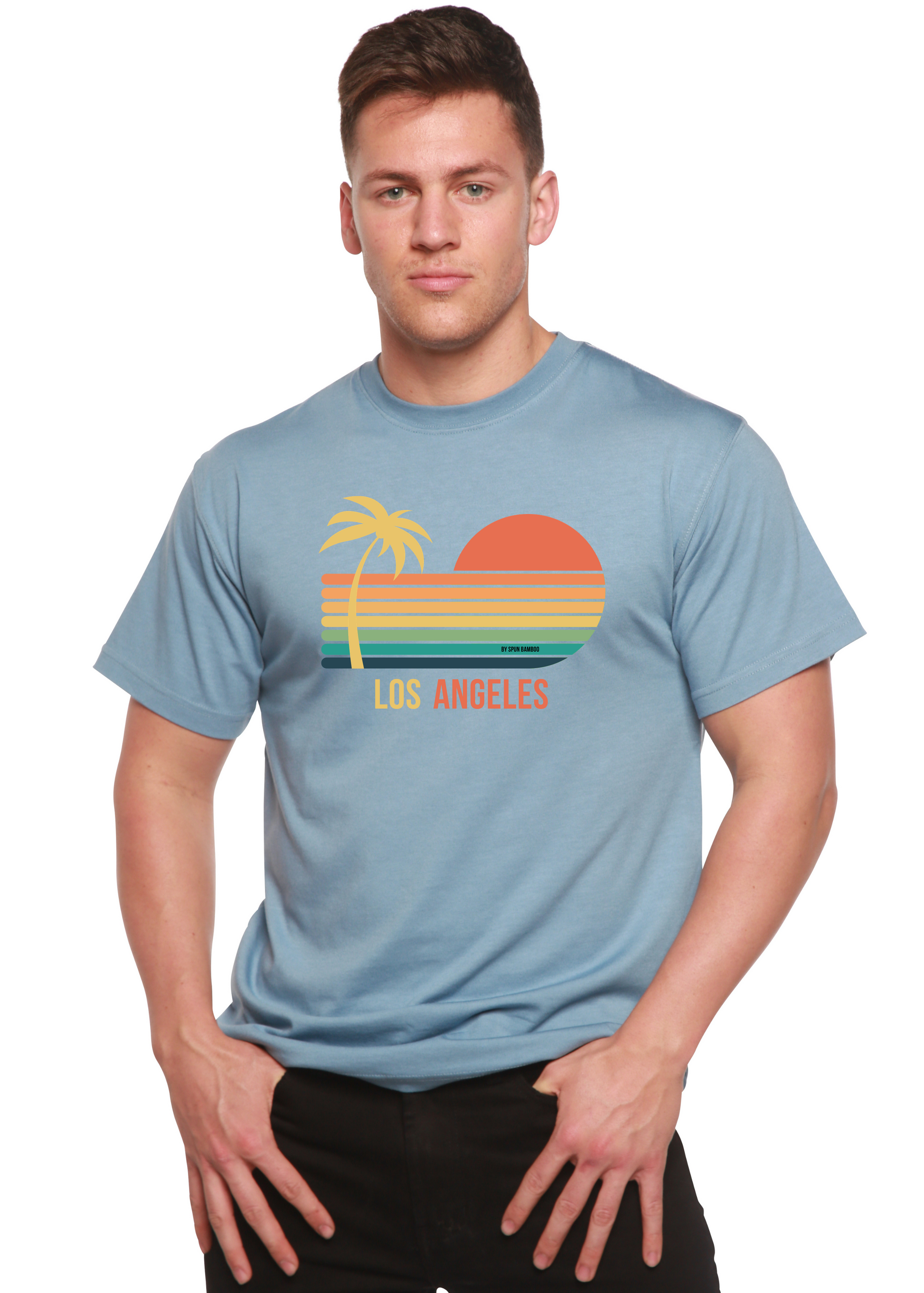 Los Angeles unisex bamboo tee with palm sunset graphic on light blue by Spun Bamboo on Tampa Home & Garden Store