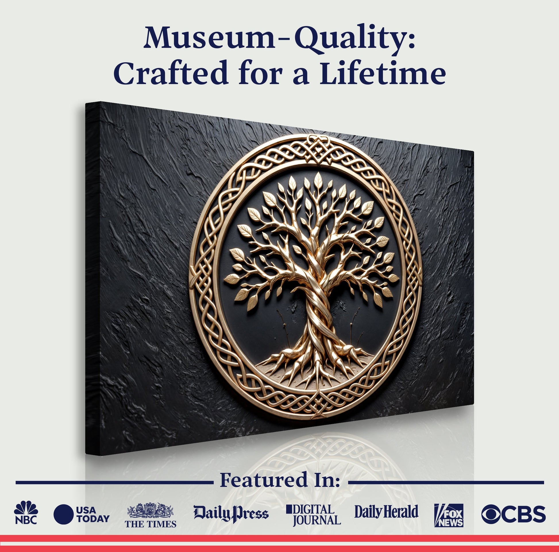 3D Celtic Tree of Life canvas with gold tree medallion on black background Tailored Canvases on Tampa Home & Garden Store