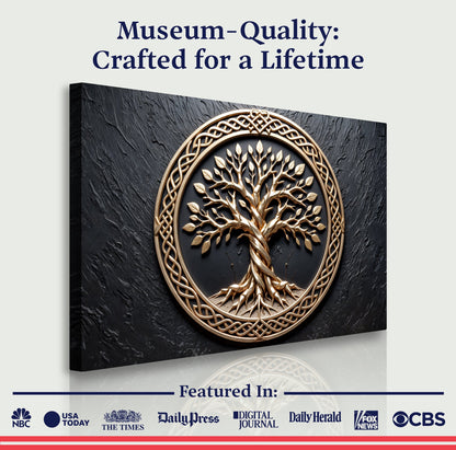3D Celtic Tree of Life canvas with gold tree medallion on black background Tailored Canvases on Tampa Home & Garden Store