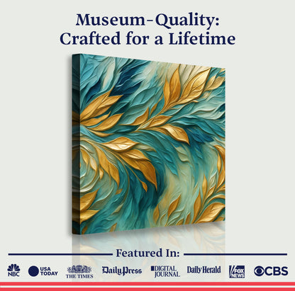 Abstract Gold And Blue Frosty Wall Art canvas with teal and gold leaves, gallery-wrapped on Tampa Home & Garden Store