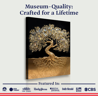 3D Tree of Life canvas wall art with gold metallic branches and crystal leaves on black on Tampa Home & Garden Store