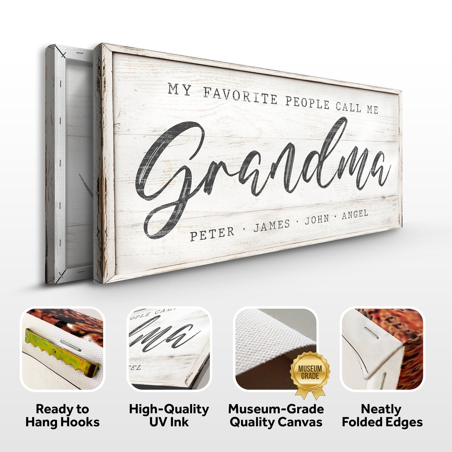 My Favorite People Call Me Grandma Sign II canvas with rustic whitewashed wood frame Tailored Canvases on Tampa Home & Garden Store