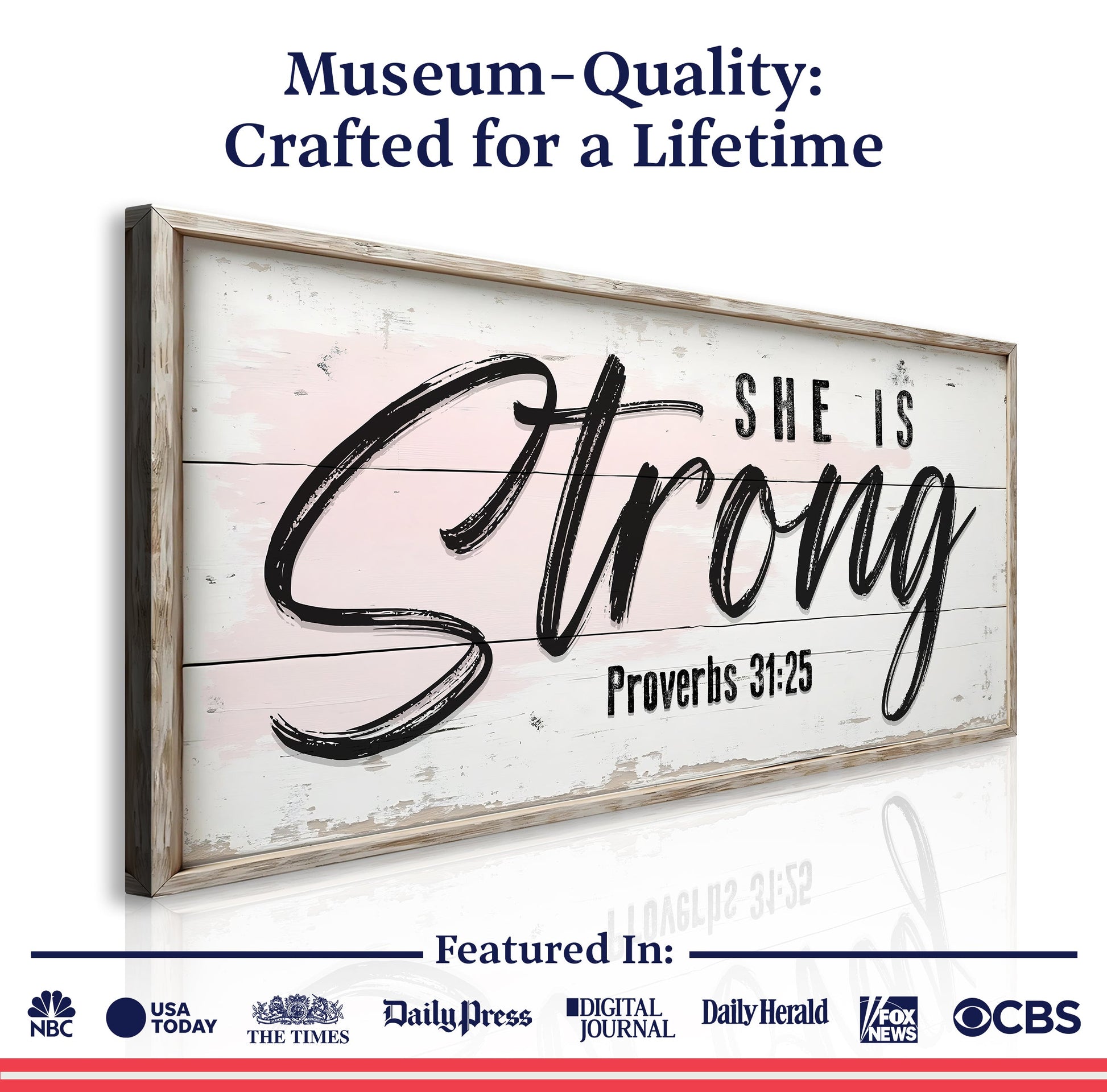 Canvas sign Proverbs 31:25 She Is Strong script on pink distressed panel with rustic frame on Tampa Home & Garden Store