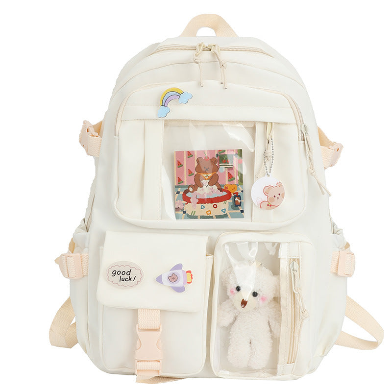 Dazzling mini backpack shoulder bag cream with rainbow patch plush charm Stevvex on Tampa Home & Garden Store