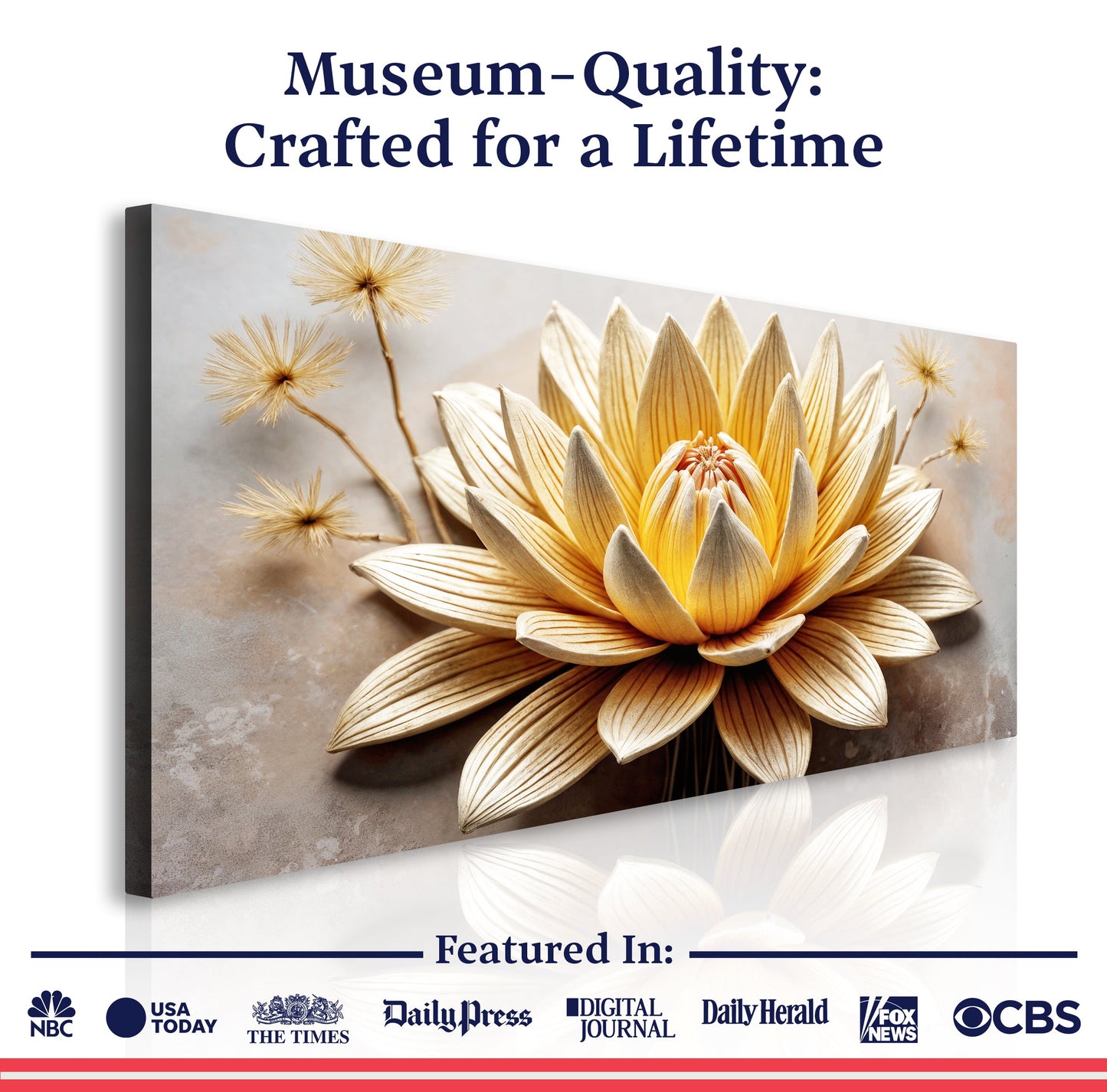 Golden Lotus minimalist abstract wall art on canvas with gold-toned petals on Tampa Home & Garden Store