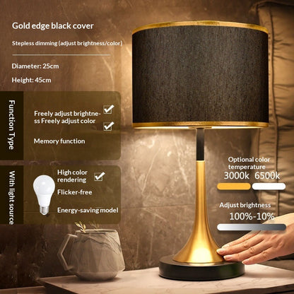 Stevvex ST125099AYL LED table lamp with gold base and black cloth shade on Tampa Home & Garden Store