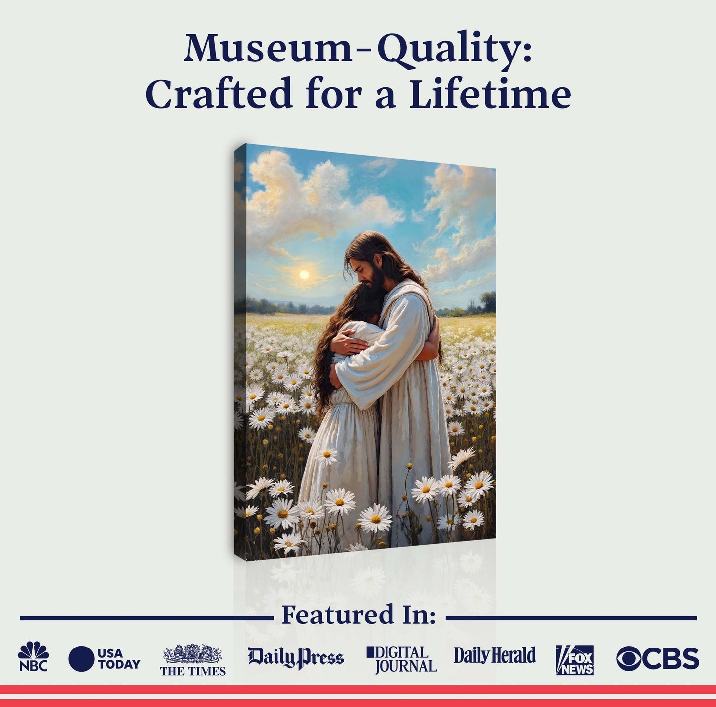 Canvas wall art Jesus Hugging Woman Faith by Tailored Canvases; serene field of daisies on Tampa Home & Garden Store