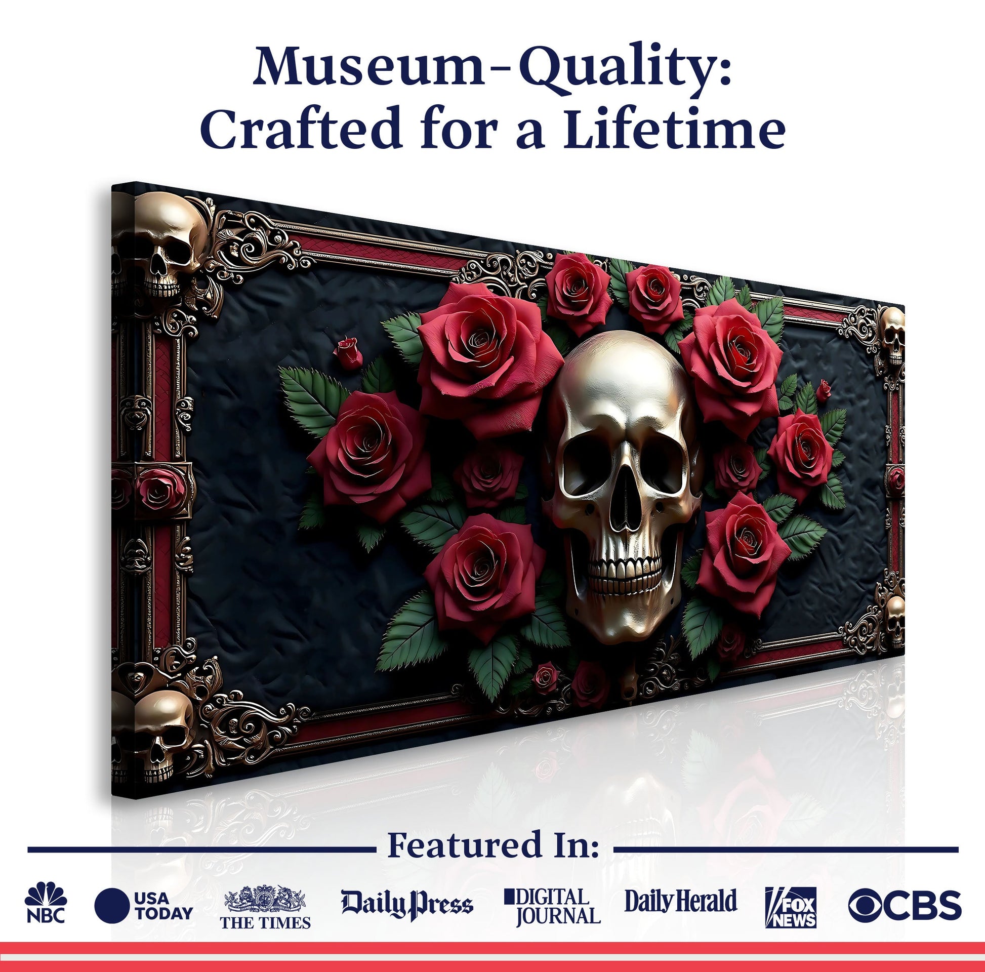 3D Vintage Skull Wall Art III canvas by Tailored Canvases with ornate frame and crimson roses on Tampa Home & Garden Store