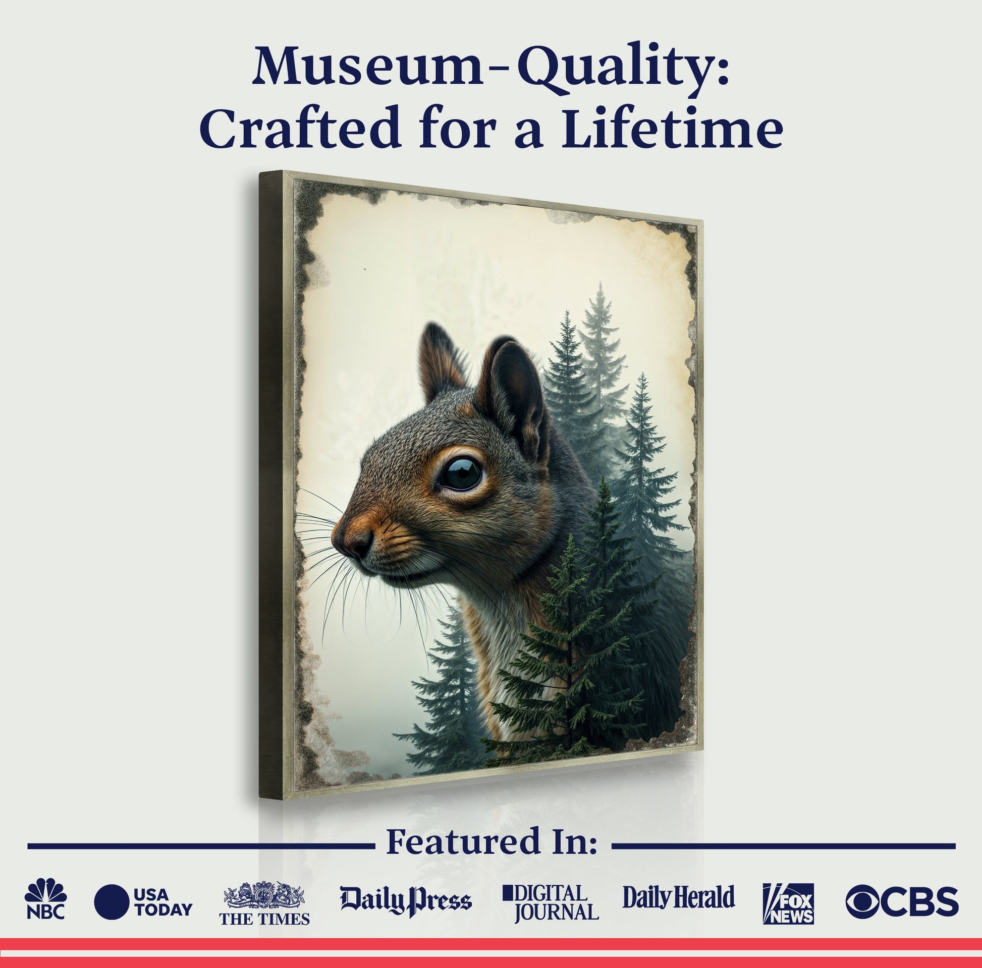 Squirrel Double-Exposure Canvas Wall Art framed with forest scene and vintage border on Tampa Home & Garden Store