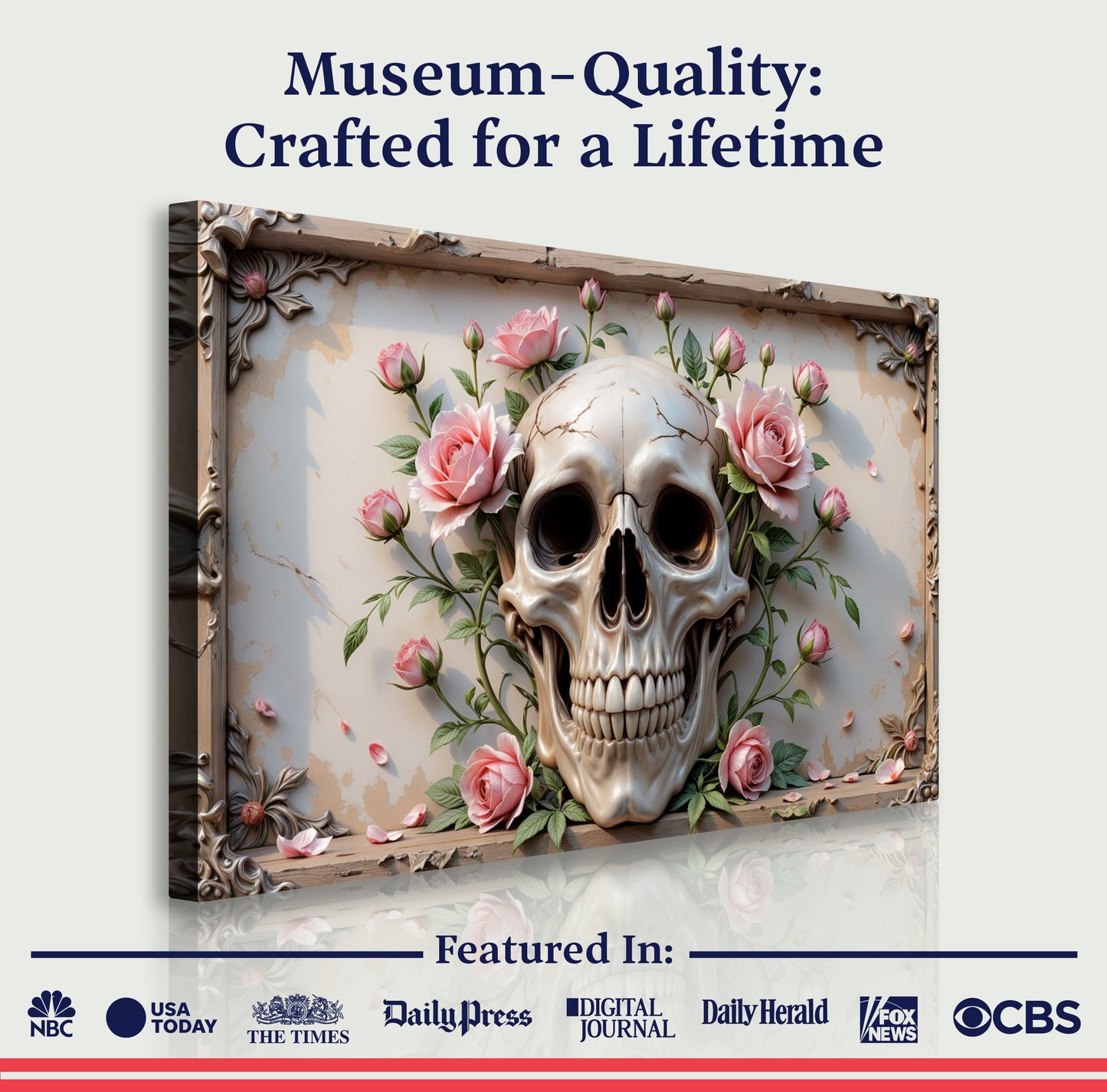 3D Rose And Skull Wall Art V canvas with pink roses around a skull in a carved frame Tailored Canvases on Tampa Home & Garden Store