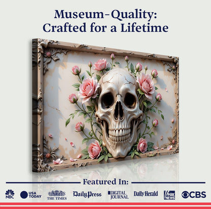 3D Rose And Skull Wall Art V canvas with pink roses around a skull in a carved frame Tailored Canvases on Tampa Home & Garden Store