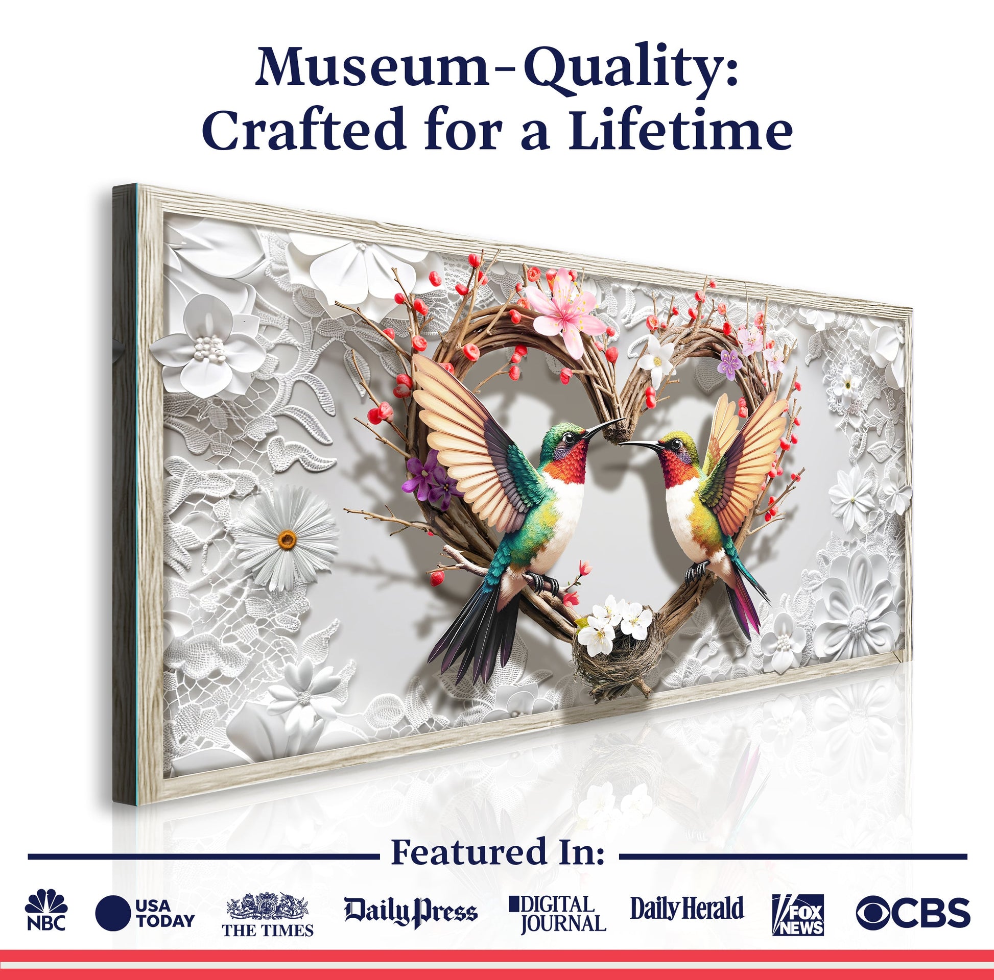 3D Hummingbirds Wall Art IV by Tailored Canvases, framed light wood with lace backdrop on Tampa Home & Garden Store
