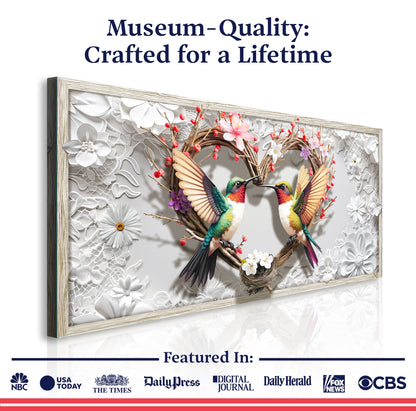 3D Hummingbirds Wall Art IV by Tailored Canvases, framed light wood with lace backdrop on Tampa Home & Garden Store