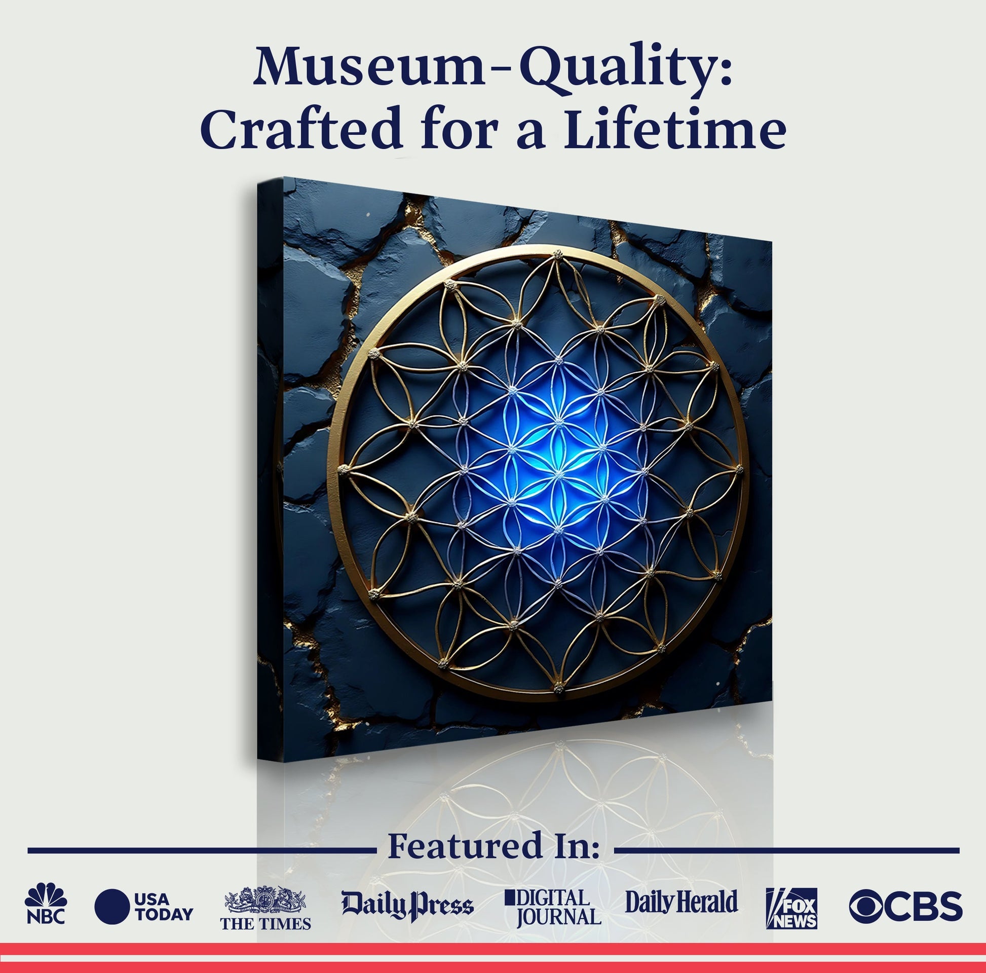 Flower Of Life Wall Art II canvas by Tailored Canvases with blue lattice and gold ring on Tampa Home & Garden Store