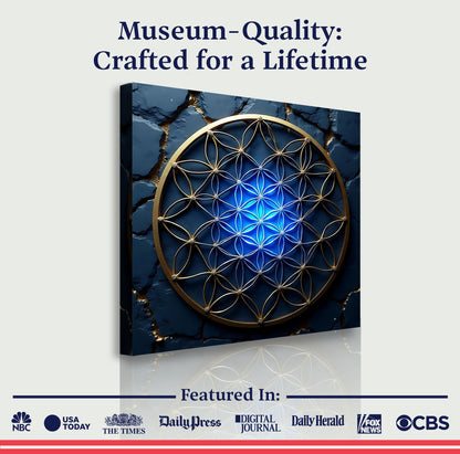 Flower Of Life Wall Art II canvas by Tailored Canvases with blue lattice and gold ring on Tampa Home & Garden Store